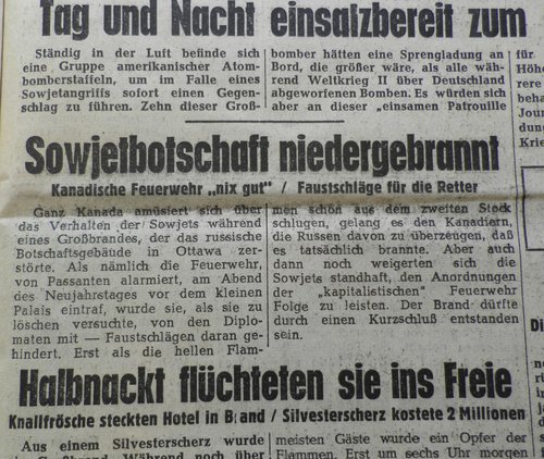 Faksimile von Artikeln über US-Streitkträfte, Brand in sowjetischer Botschaft in Kanada und über einen weiteren Brand