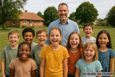 Eine Gruppe fröhlicher Gruppe in ländlicher Gegend. Hinter ihnen ein lächelnder Mann. In der Landschaft ein Einfamilienhaus